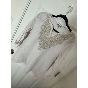 JM Collection women’s linen blouse size large Creme embroidered